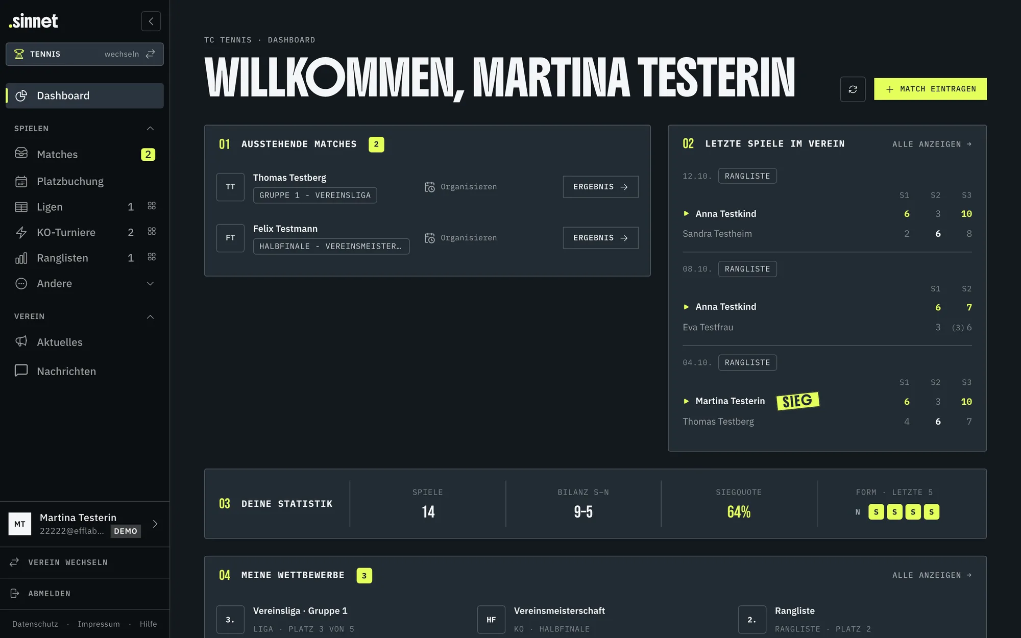 sinnet Dashboard eines Spielers mit nächsten Matches, Fristen und Tabellenstand