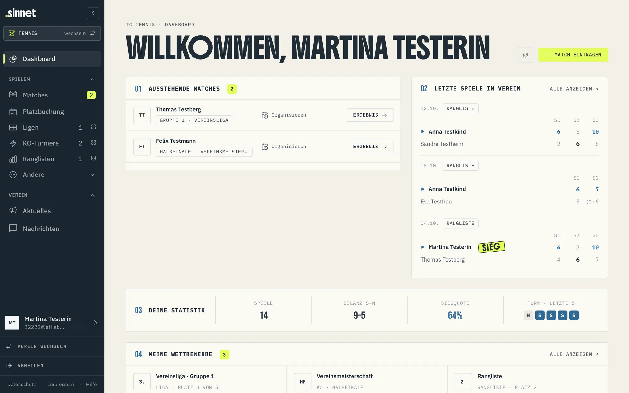 sinnet Dashboard eines Spielers mit nächsten Matches, Fristen und Tabellenstand