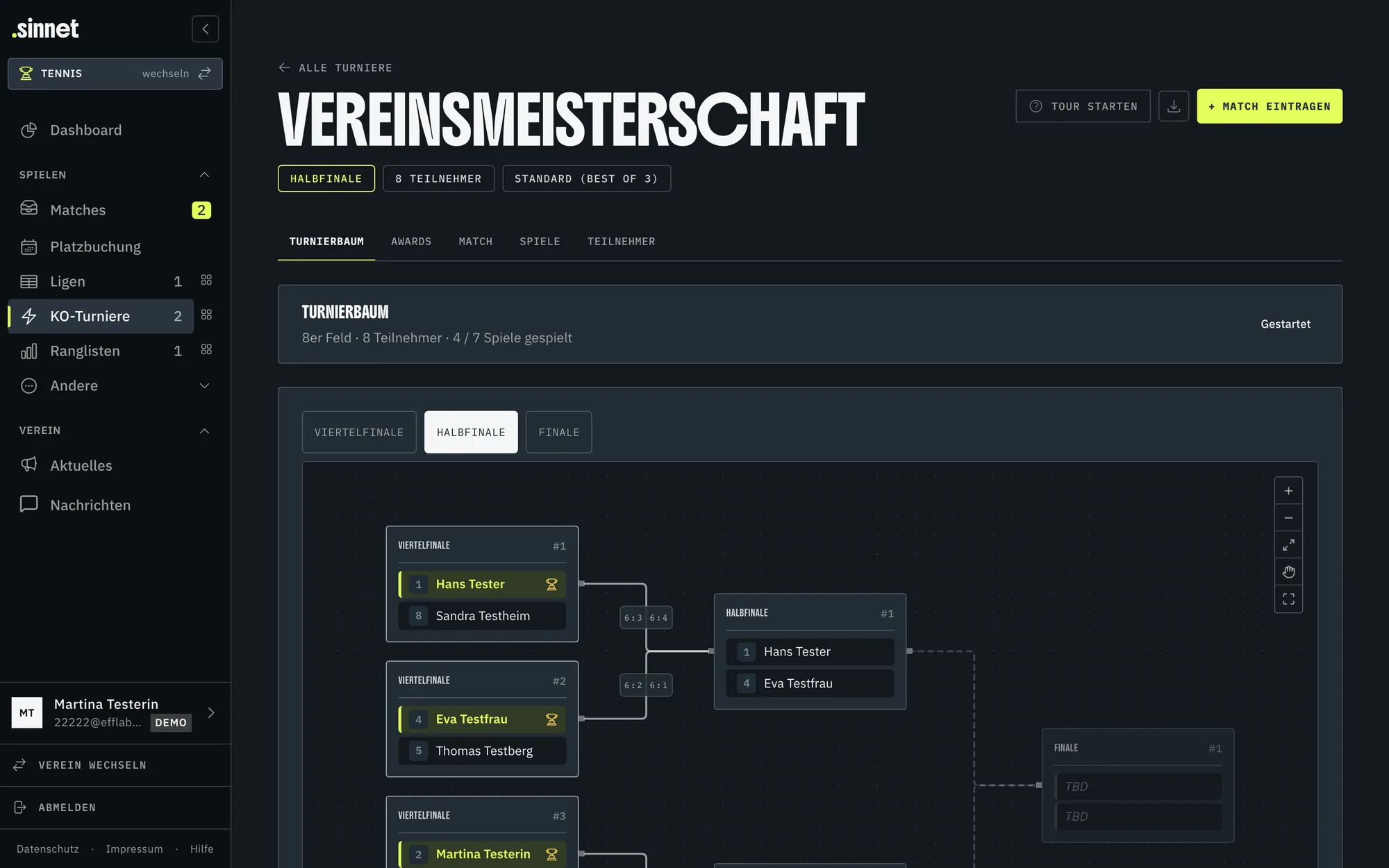 sinnet KO-Turnier: Turnierbaum der Vereinsmeisterschaft 2025 mit Viertelfinale, Halbfinale und Finale