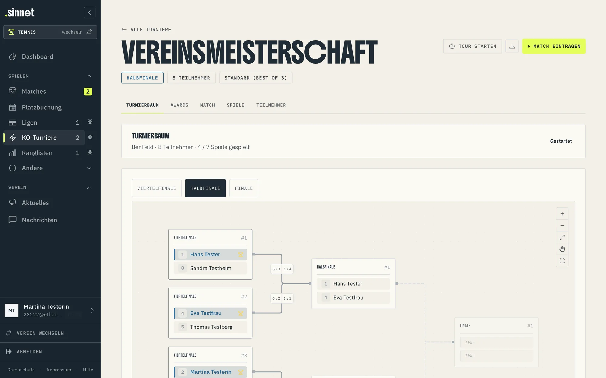 sinnet KO-Turnier: Turnierbaum der Vereinsmeisterschaft 2025 mit Viertelfinale, Halbfinale und Finale