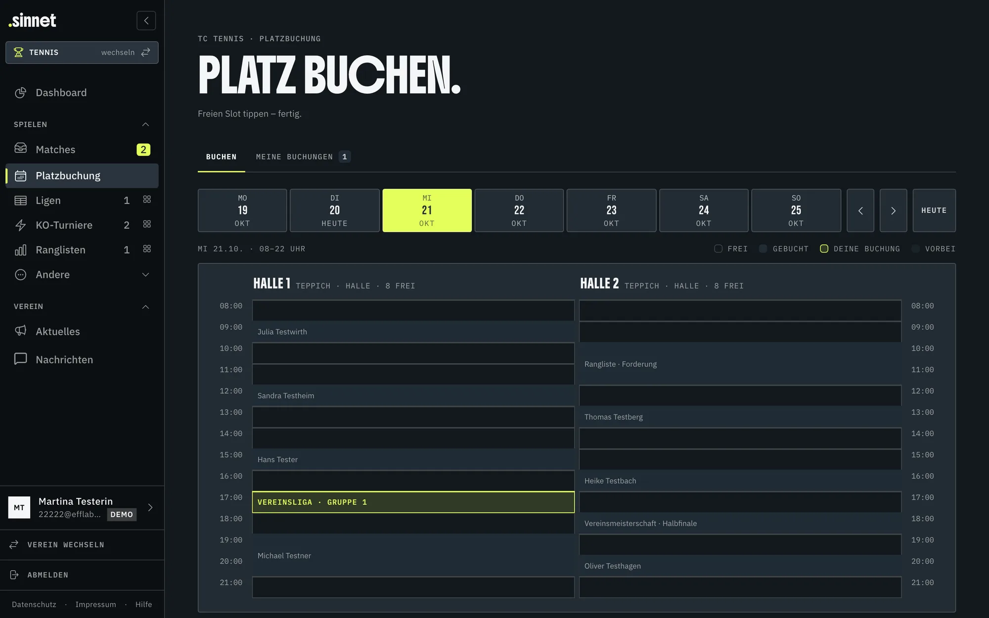 sinnet Platzbuchung: Belegungsplan für Halle 1 und Halle 2 mit gebuchten Zeiten und einer eigenen Buchung