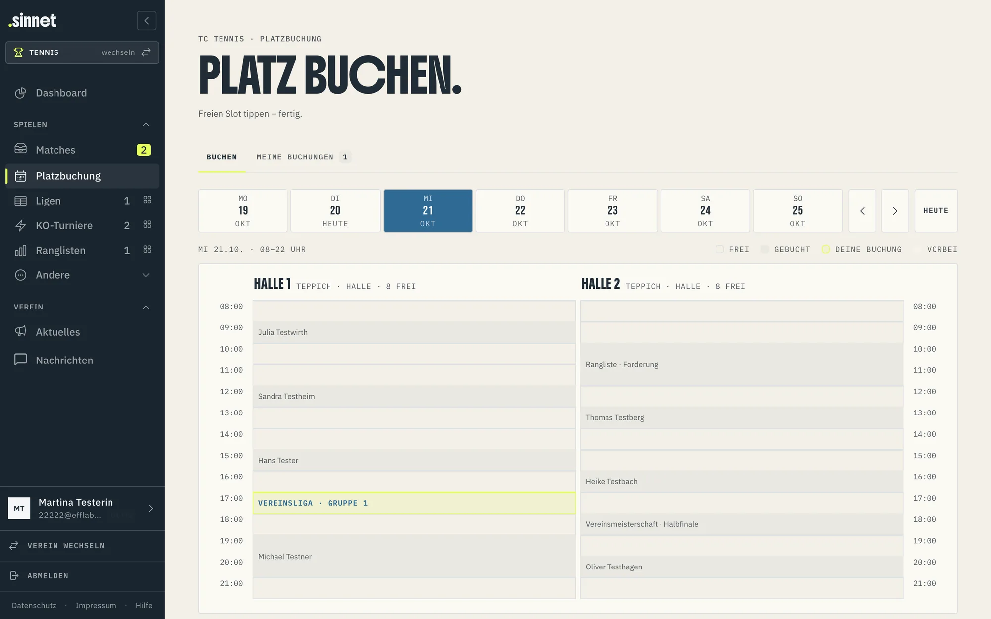sinnet Platzbuchung: Belegungsplan für Halle 1 und Halle 2 mit gebuchten Zeiten und einer eigenen Buchung